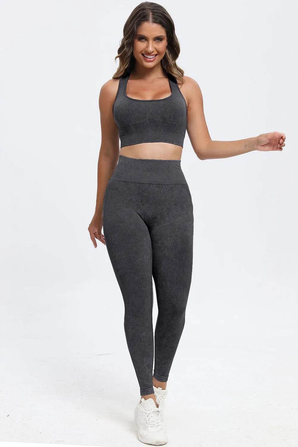 3-Piece Washed Active Set – Square Neck Wide Strap Sports Bra, Leggings & Jacket - Bona Fide Fashion