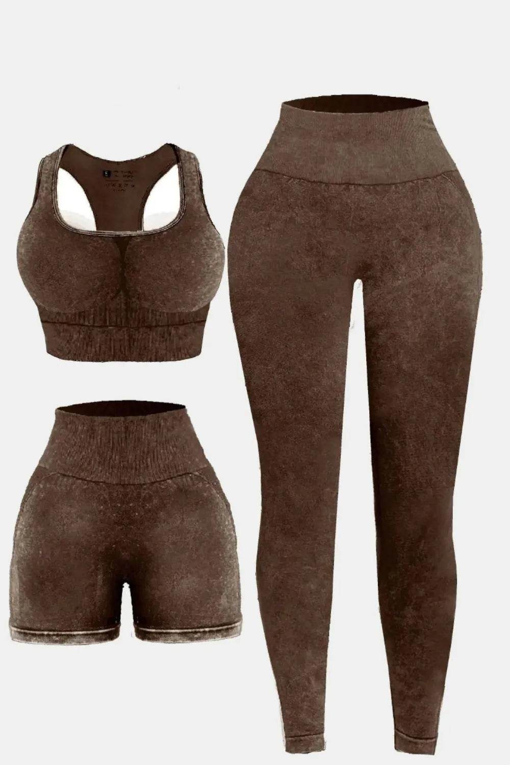 3-Piece Washed Active Set – Square Neck Wide Strap Sports Bra, Leggings & Jacket - Bona Fide Fashion