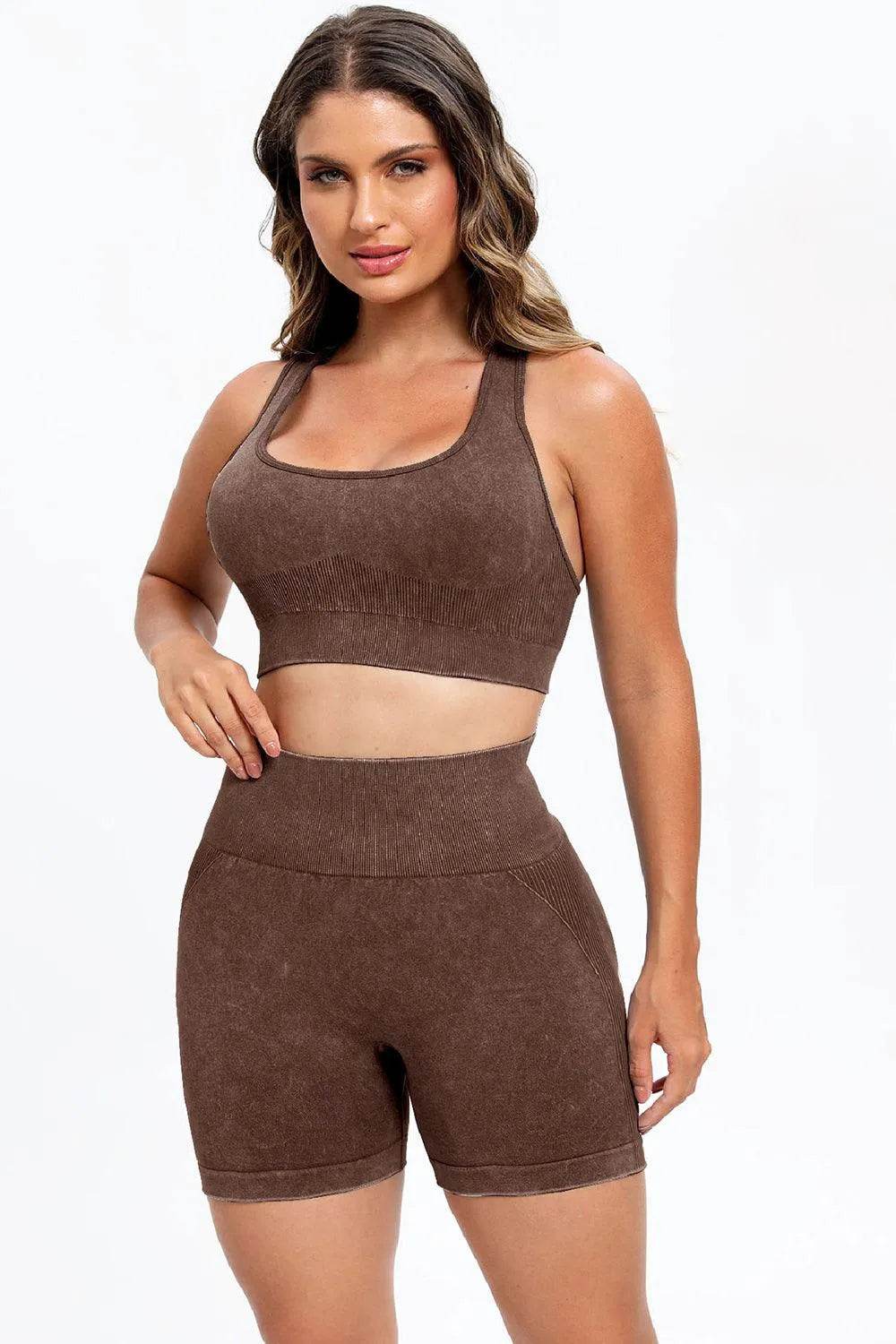 3-Piece Washed Active Set – Square Neck Wide Strap Sports Bra, Leggings & Jacket - Bona Fide Fashion