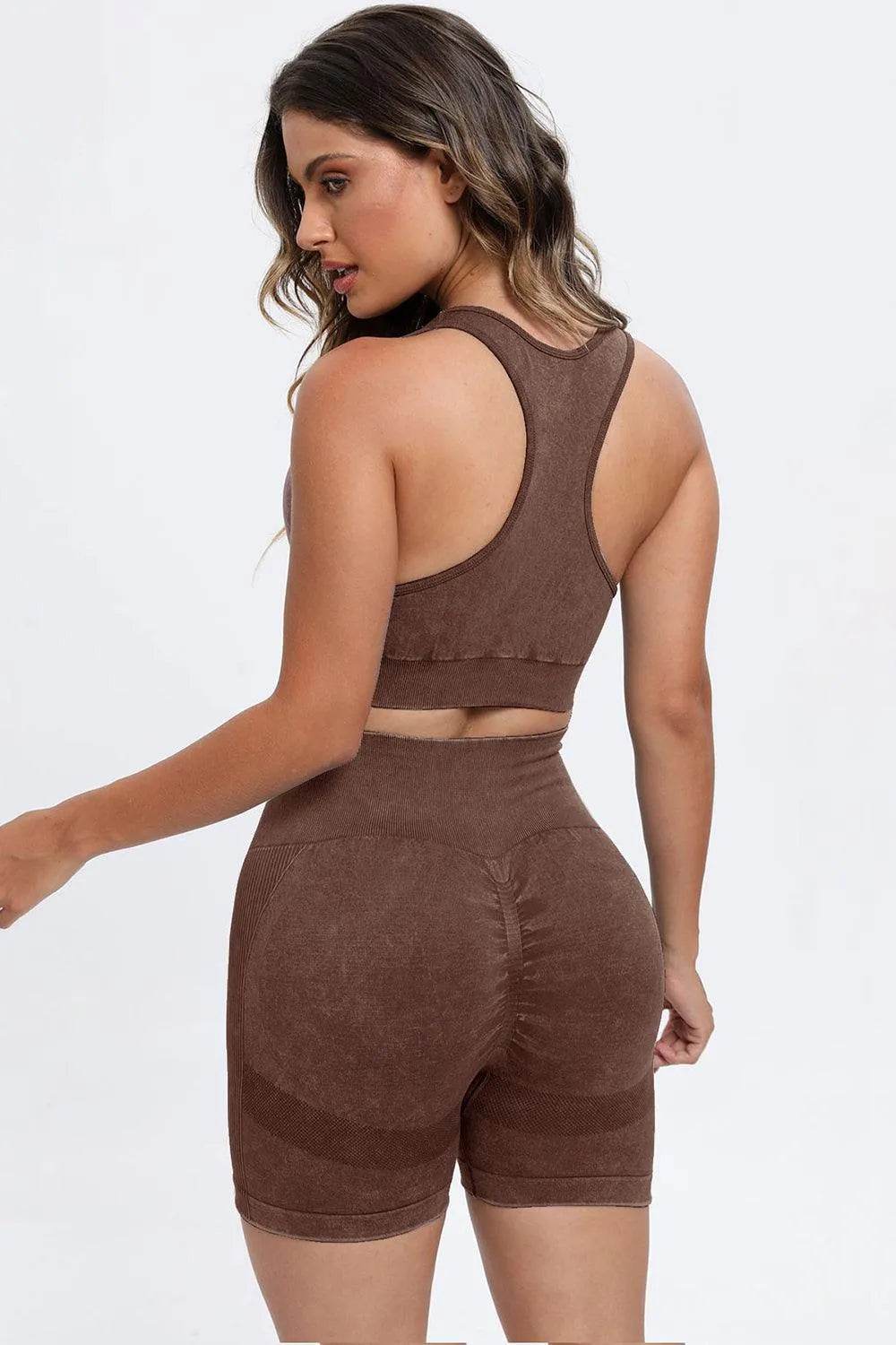 3-Piece Washed Active Set – Square Neck Wide Strap Sports Bra, Leggings & Jacket - Bona Fide Fashion