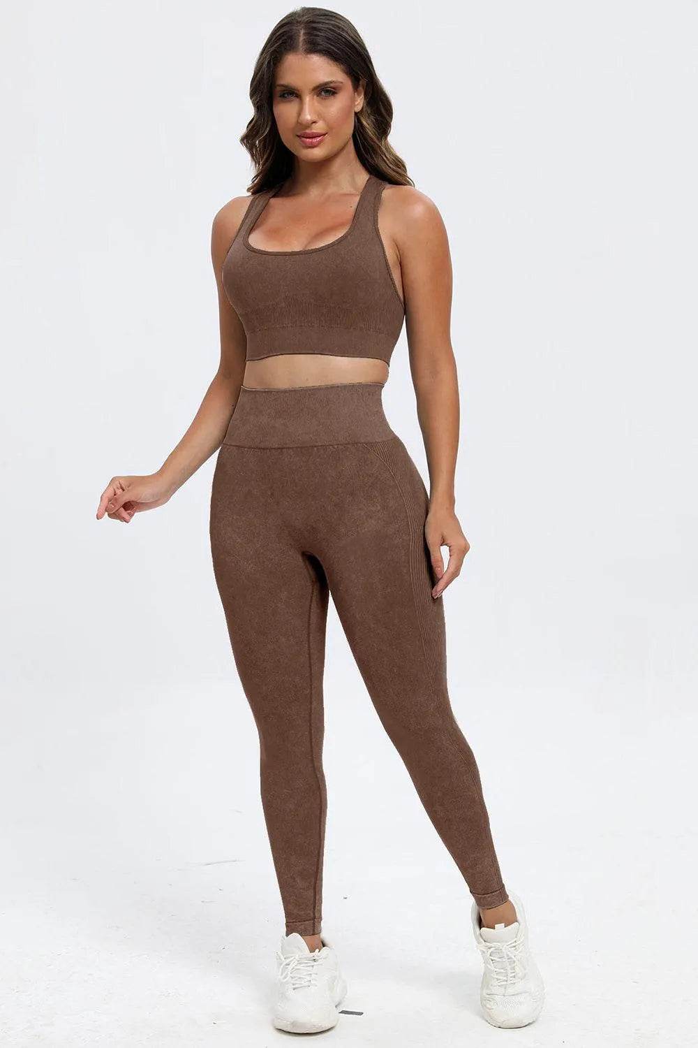 3-Piece Washed Active Set – Square Neck Wide Strap Sports Bra, Leggings & Jacket - Bona Fide Fashion