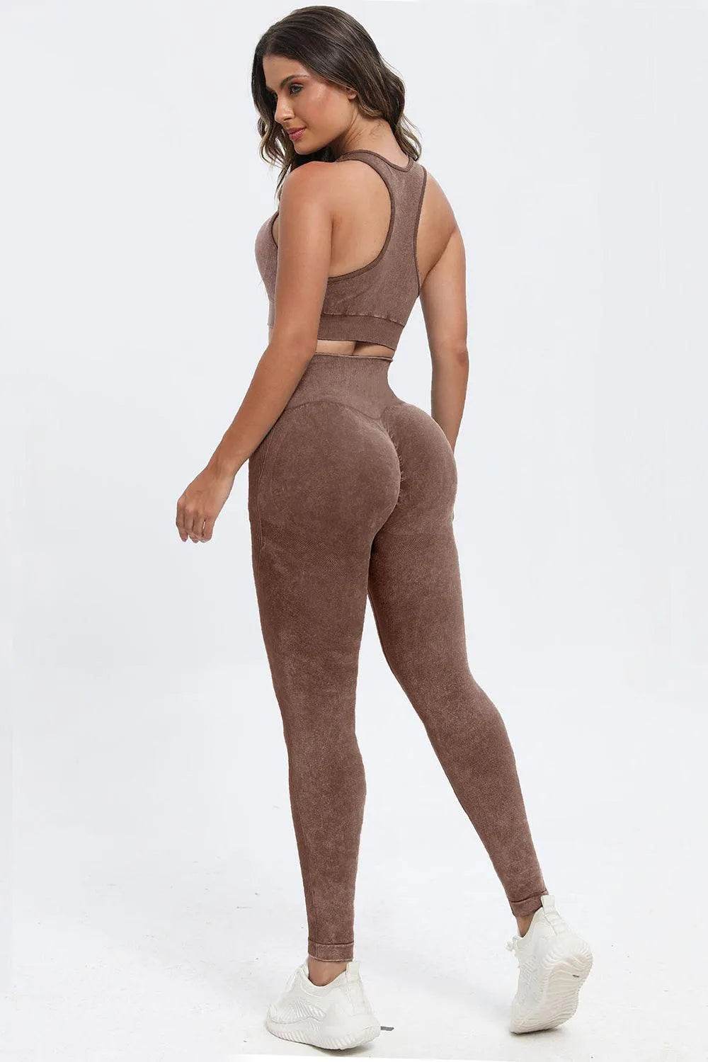 3-Piece Washed Active Set – Square Neck Wide Strap Sports Bra, Leggings & Jacket - Bona Fide Fashion