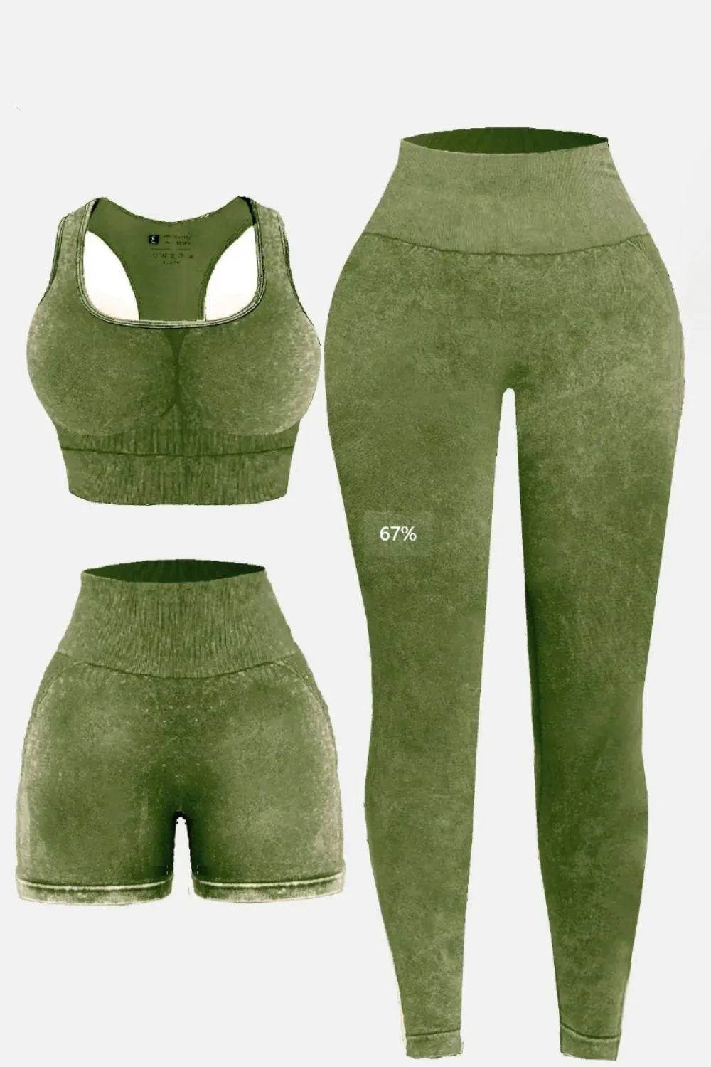 3-Piece Washed Active Set – Square Neck Wide Strap Sports Bra, Leggings & Jacket - Bona Fide Fashion
