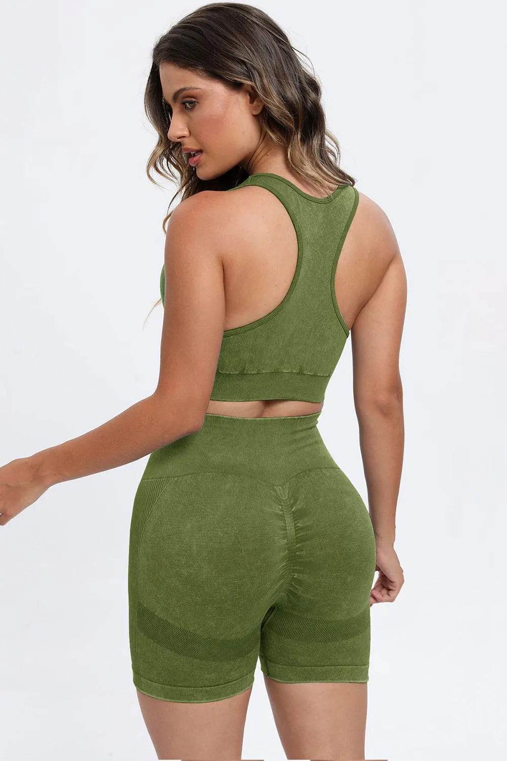 3-Piece Washed Active Set – Square Neck Wide Strap Sports Bra, Leggings & Jacket - Bona Fide Fashion