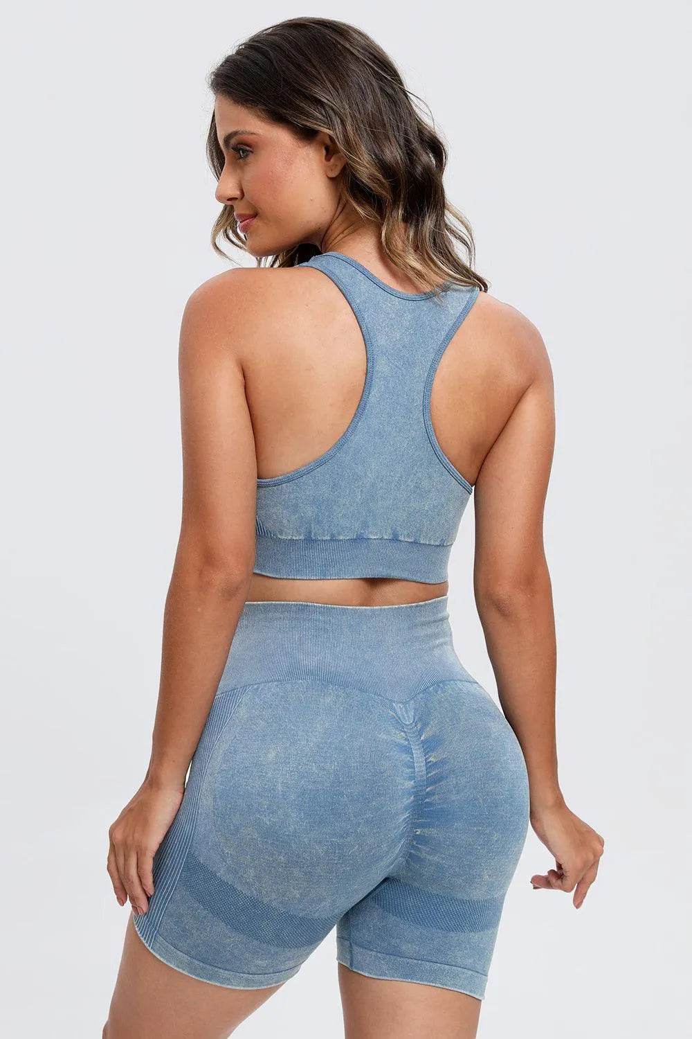 3-Piece Washed Active Set – Square Neck Wide Strap Sports Bra, Leggings & Jacket - Bona Fide Fashion