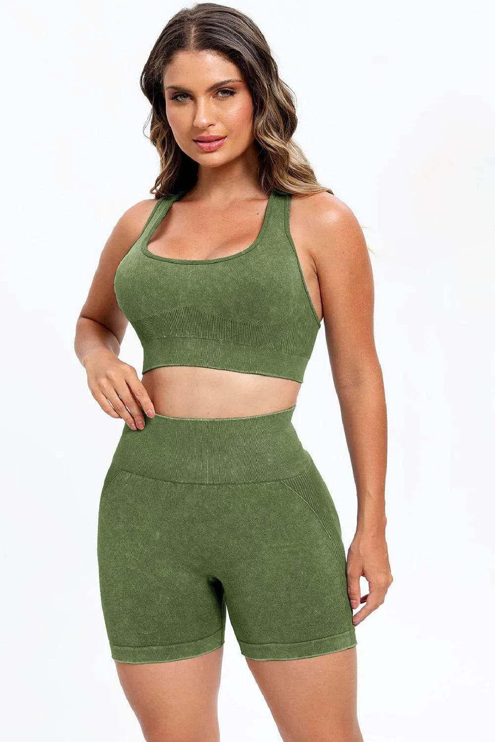 3-Piece Washed Active Set – Square Neck Wide Strap Sports Bra, Leggings & Jacket - Bona Fide Fashion