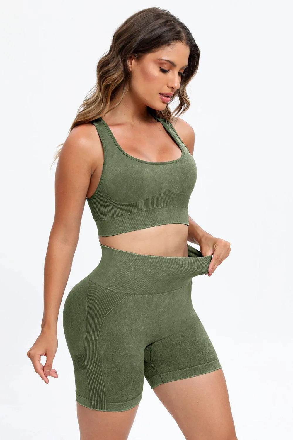 3-Piece Washed Active Set – Square Neck Wide Strap Sports Bra, Leggings & Jacket - Bona Fide Fashion