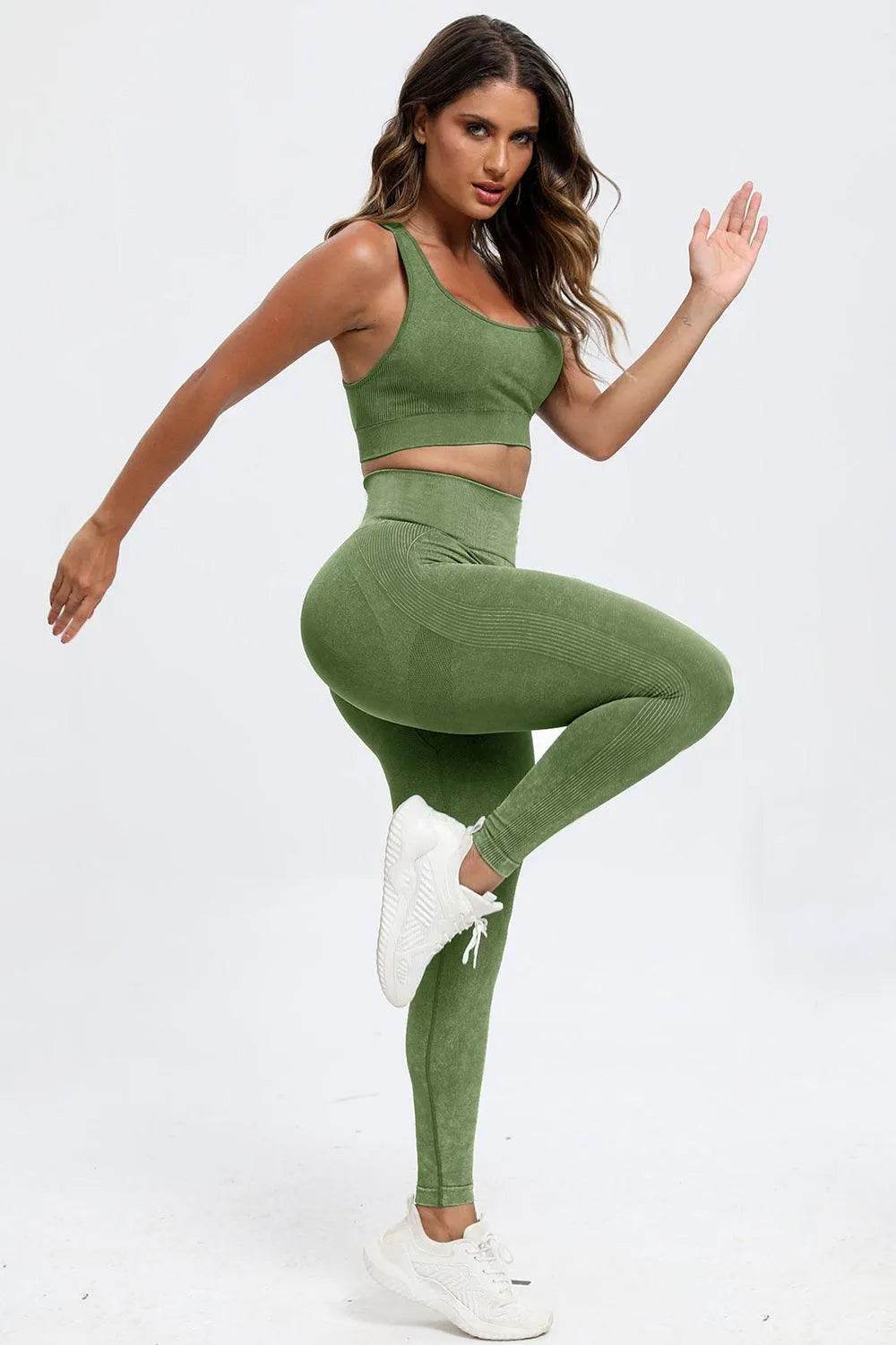 3-Piece Washed Active Set – Square Neck Wide Strap Sports Bra, Leggings & Jacket - Bona Fide Fashion