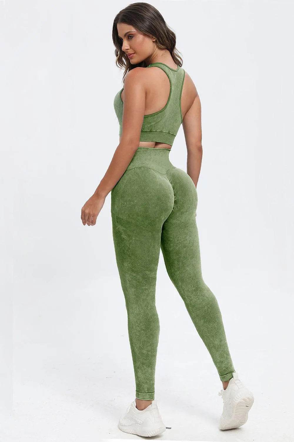 3-Piece Washed Active Set – Square Neck Wide Strap Sports Bra, Leggings & Jacket - Bona Fide Fashion