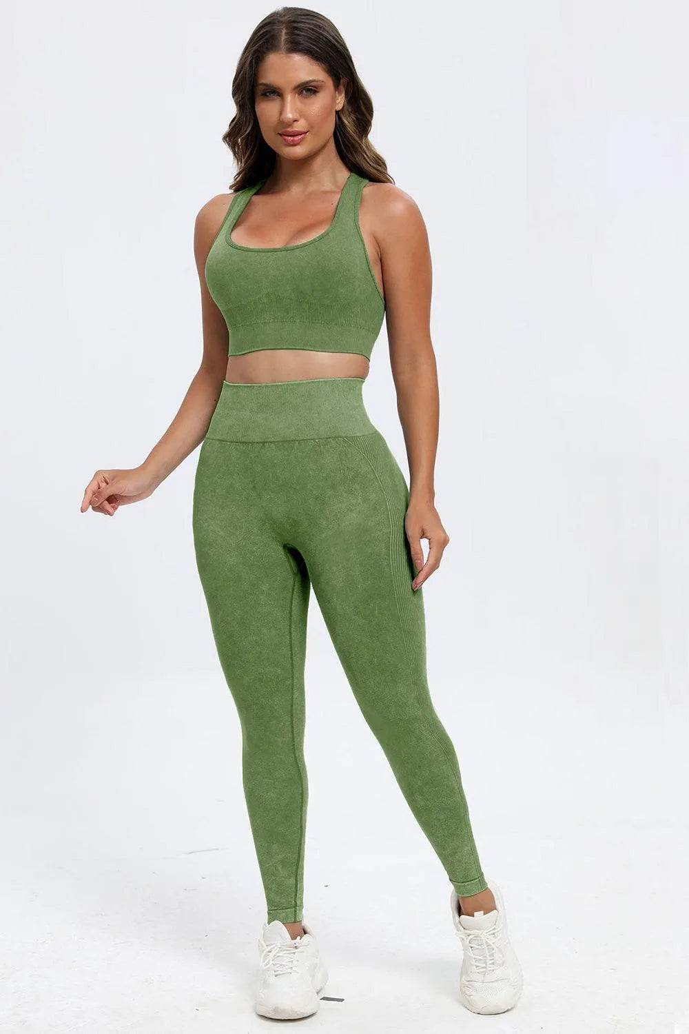 3-Piece Washed Active Set – Square Neck Wide Strap Sports Bra, Leggings & Jacket - Bona Fide Fashion