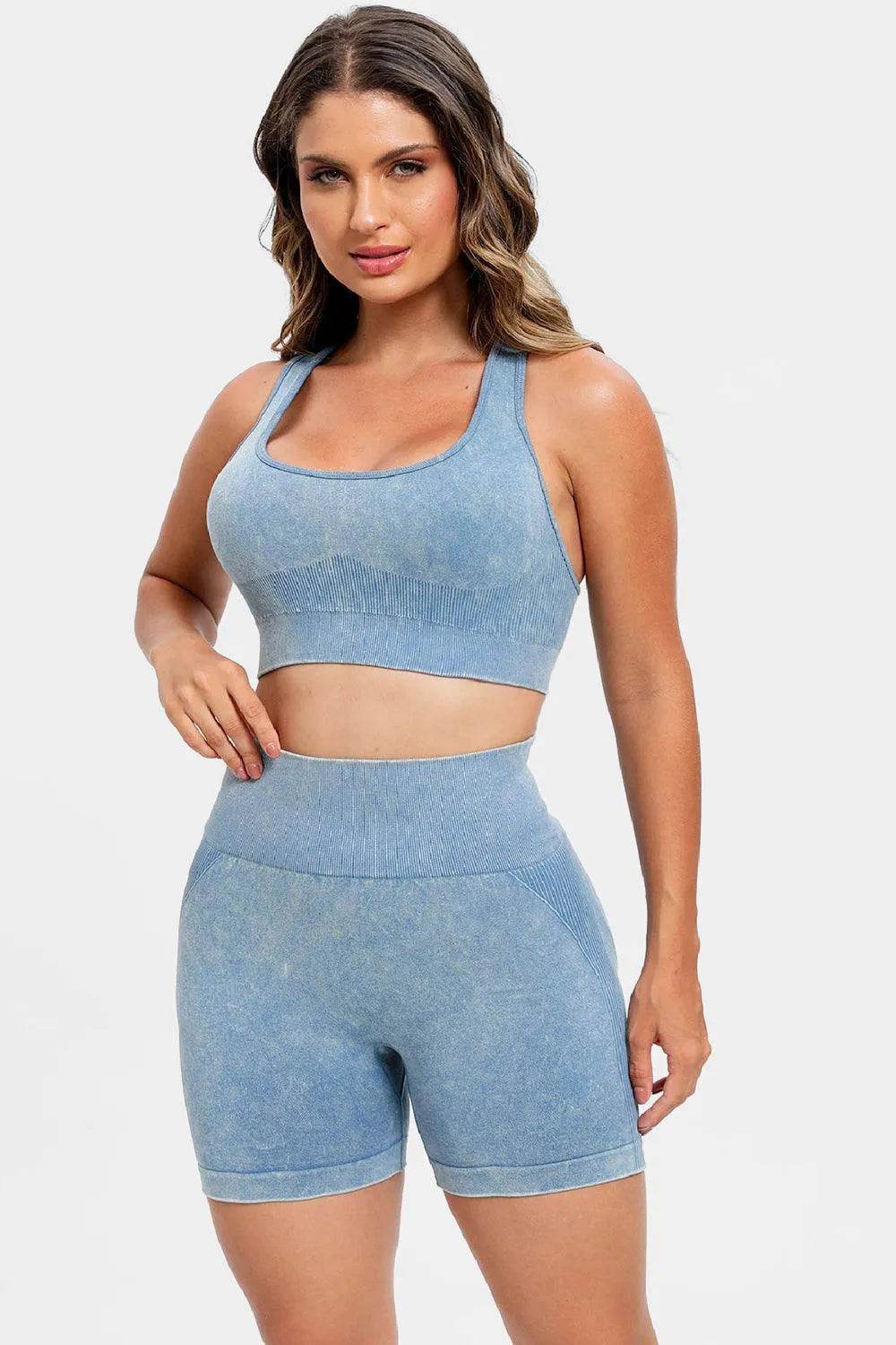 3-Piece Washed Active Set – Square Neck Wide Strap Sports Bra, Leggings & Jacket - Bona Fide Fashion