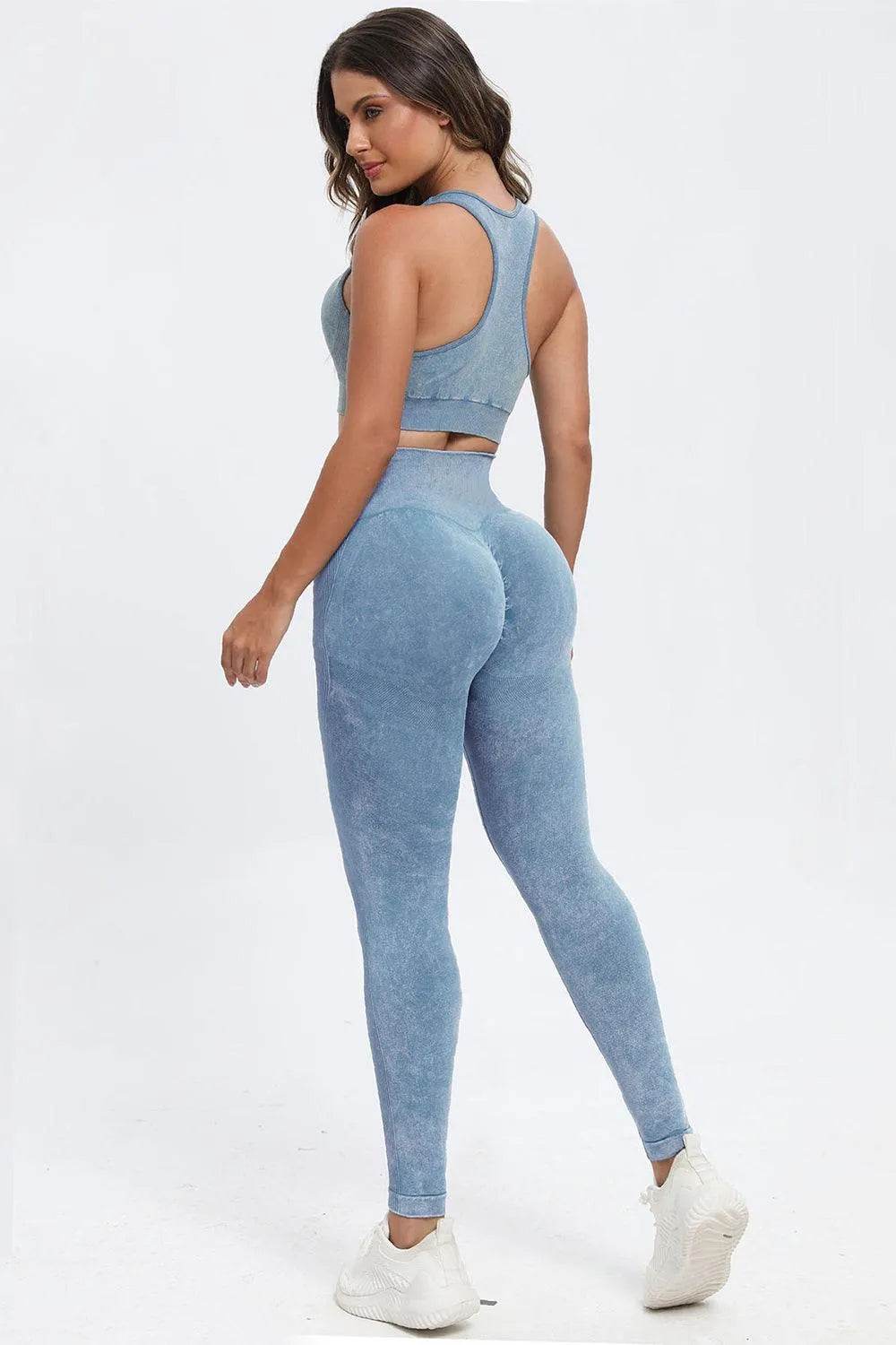 3-Piece Washed Active Set – Square Neck Wide Strap Sports Bra, Leggings & Jacket - Bona Fide Fashion