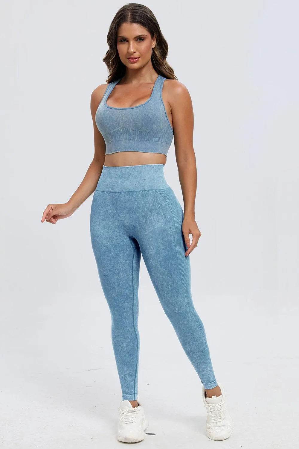 3-Piece Washed Active Set – Square Neck Wide Strap Sports Bra, Leggings & Jacket - Bona Fide Fashion
