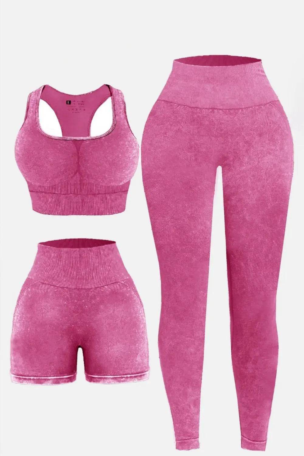 3-Piece Washed Active Set – Square Neck Wide Strap Sports Bra, Leggings & Jacket - Bona Fide Fashion