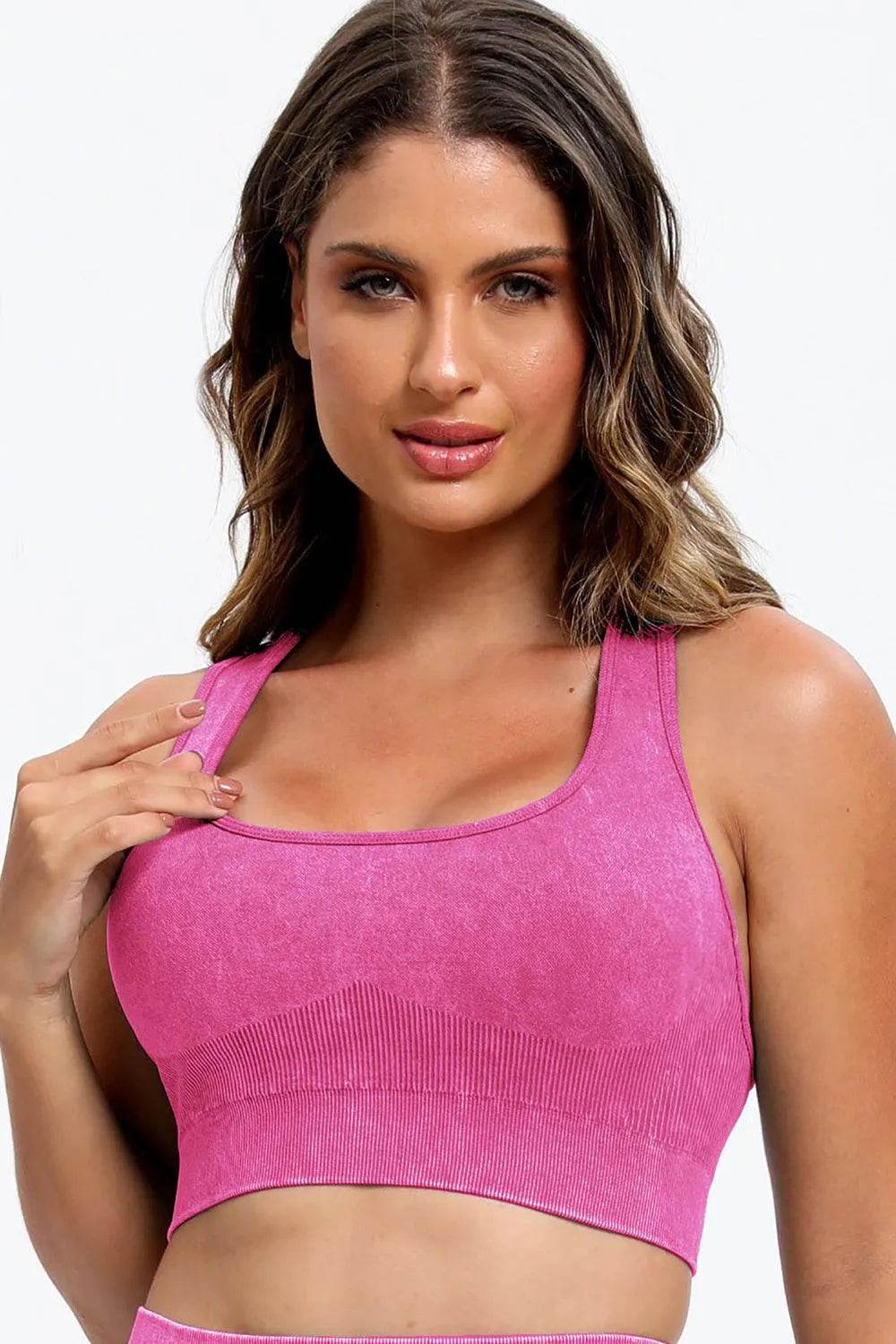 3-Piece Washed Active Set – Square Neck Wide Strap Sports Bra, Leggings & Jacket - Bona Fide Fashion
