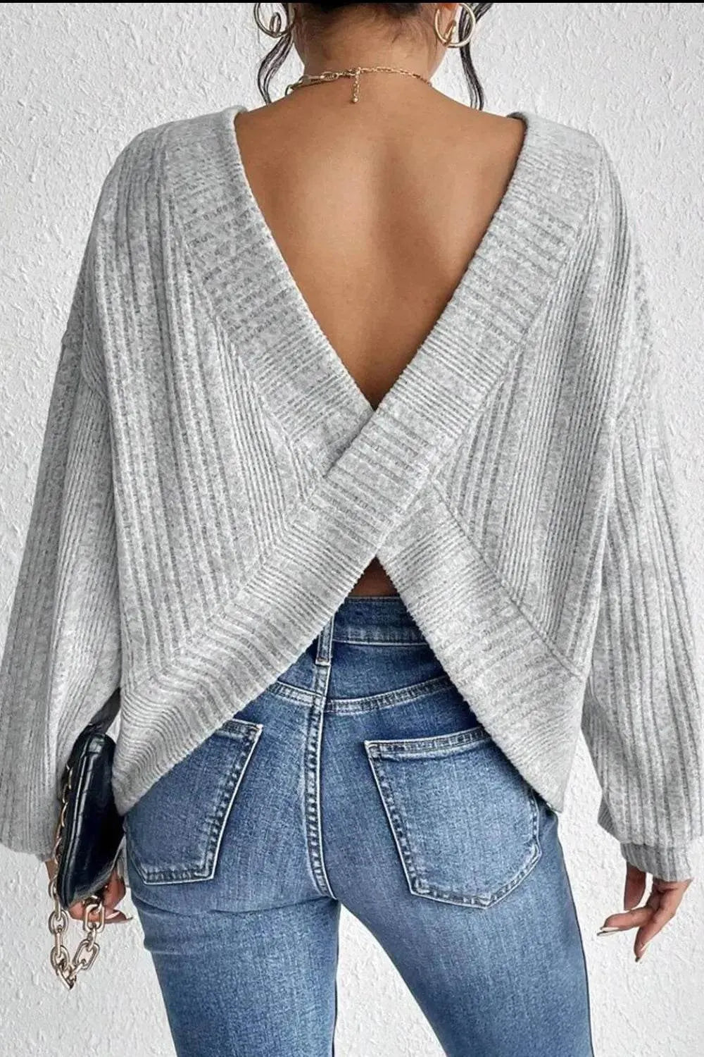 Crossover Backless Long Sleeve Knit Top - Bona Fide Fashion