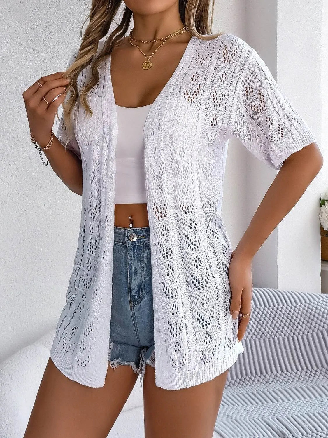 Openwork Open Front Half Sleeve Cardigan - Bona Fide Fashion