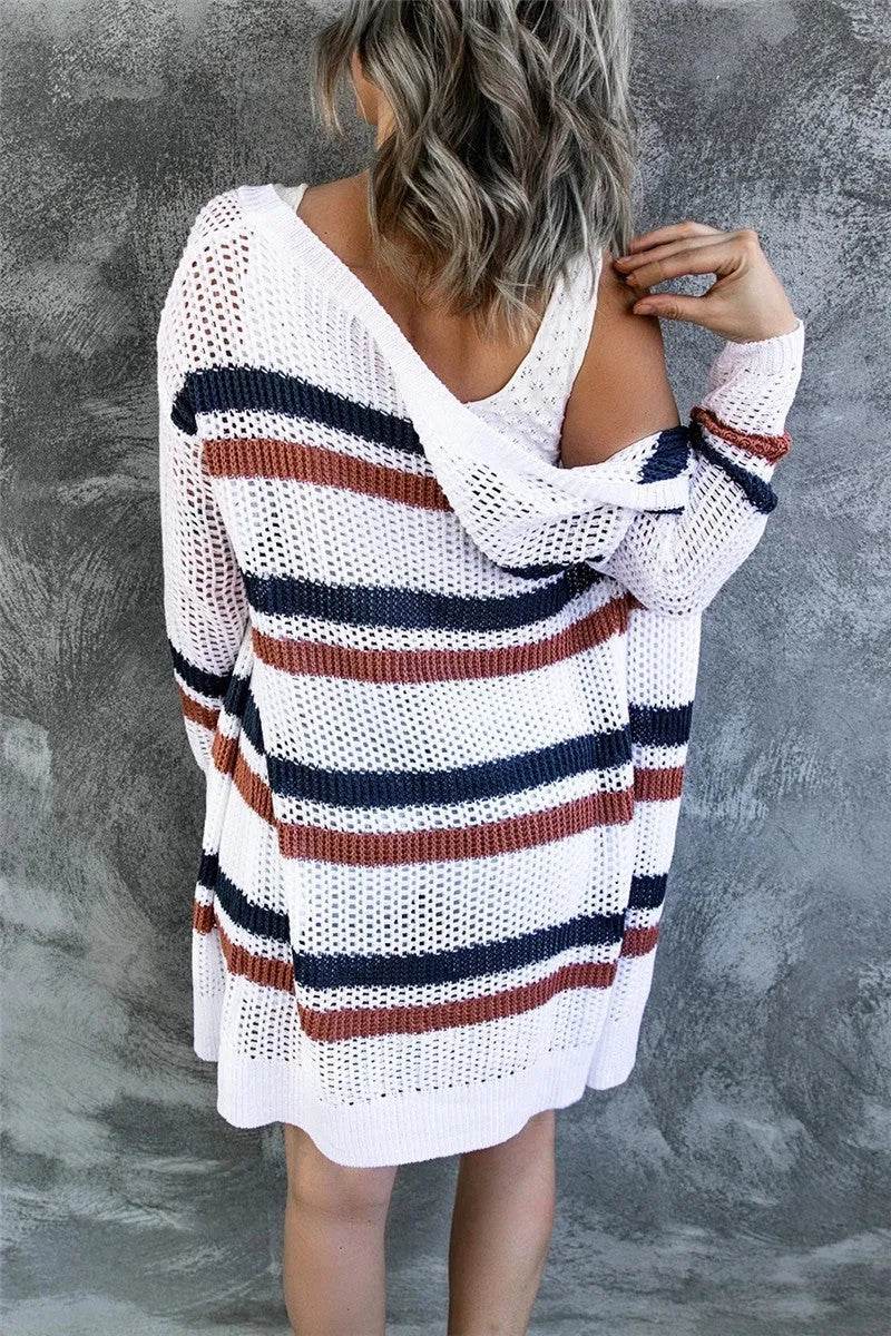 Contrast Openwork Open Front Long Sleeve Cardigan - Bona Fide Fashion