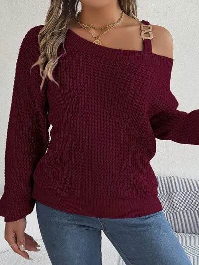 Asymmetrical Neck Long Sleeve Sweater - Bona Fide Fashion