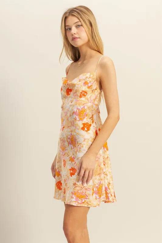 HYFVE Floral Cowl Neck Flirty Satin Mini Dress - Bona Fide Fashion