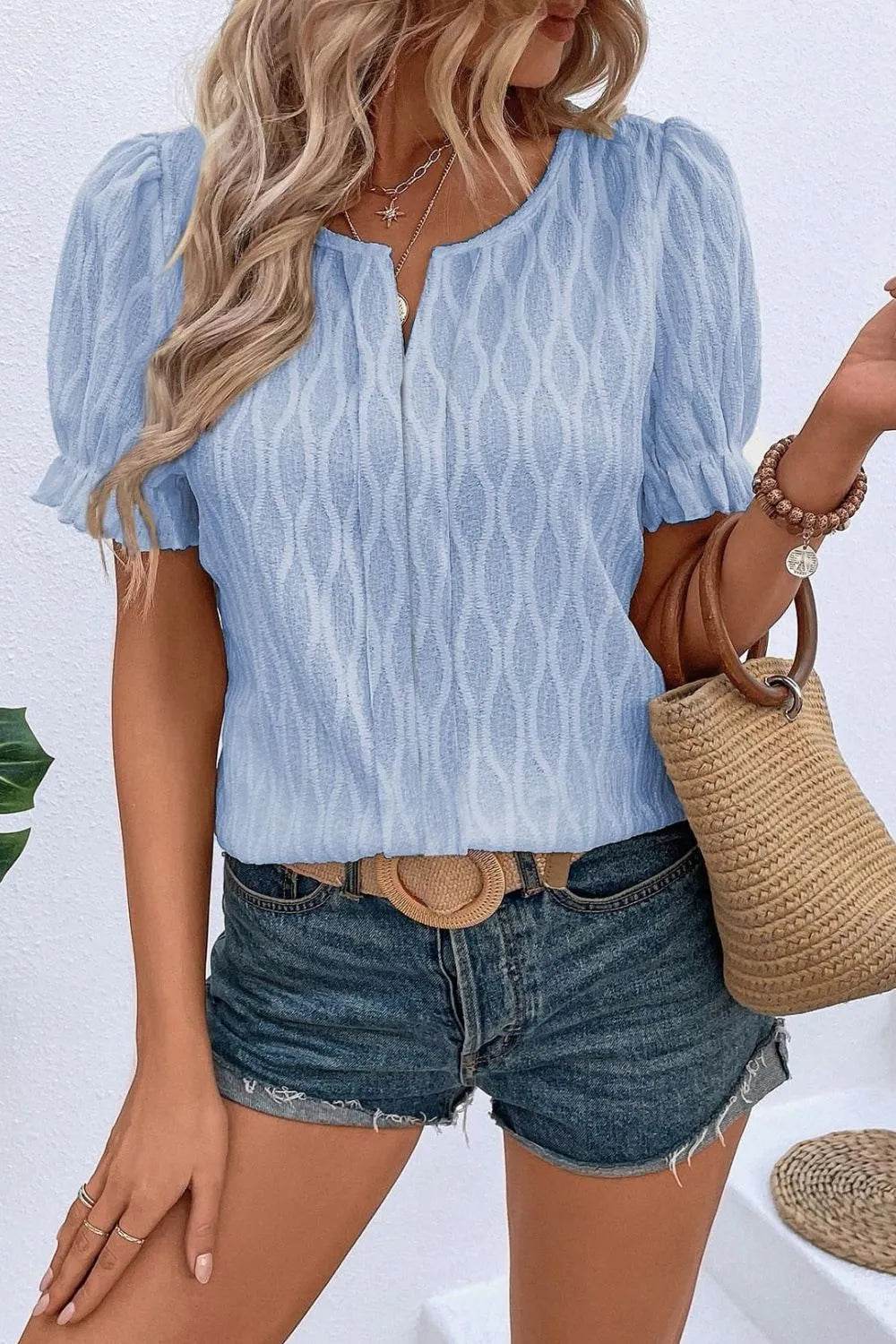 Texture Notched Short Sleeve Blouse - Bona Fide Fashion