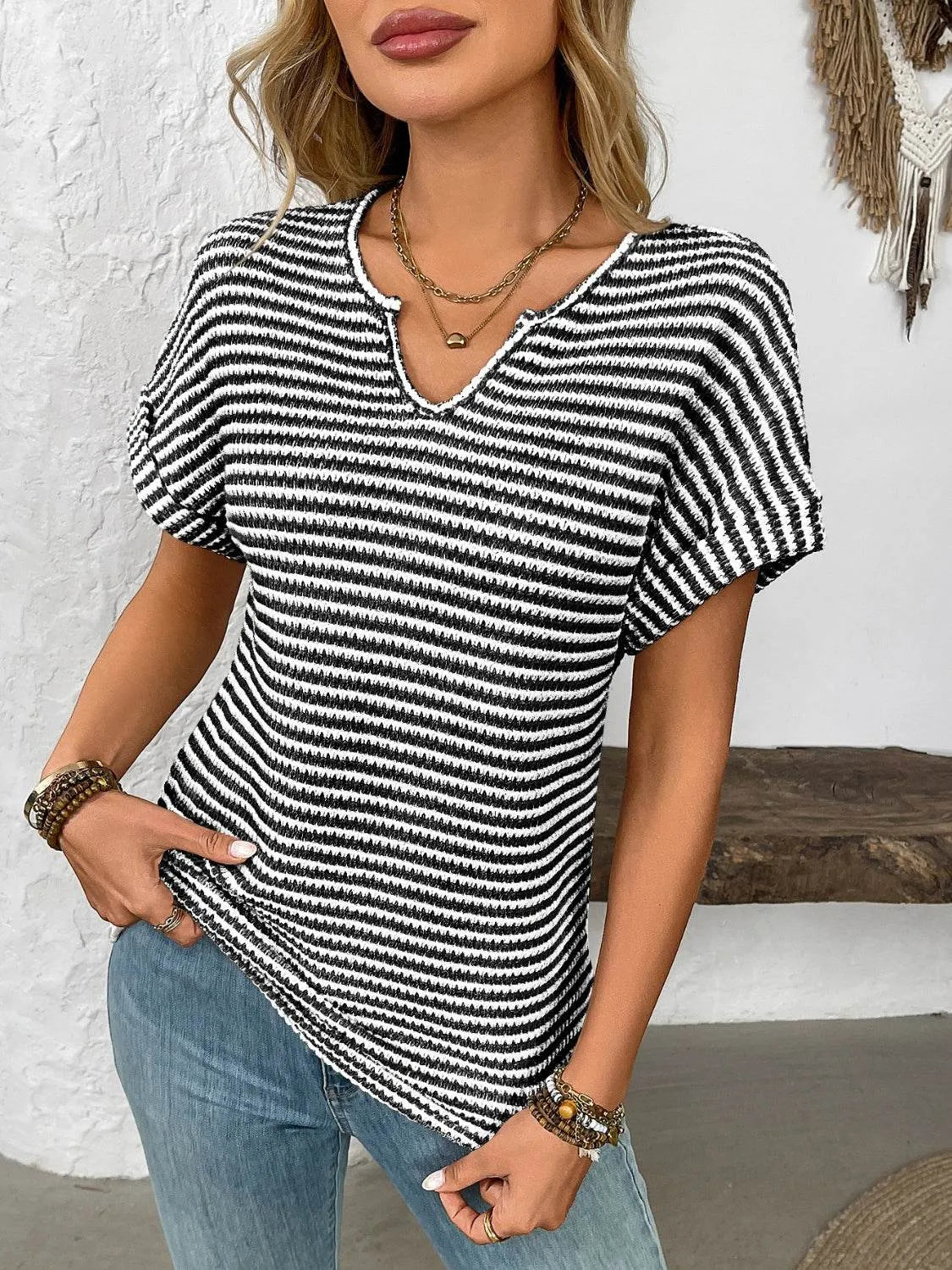 Striped Notched Short Sleeve T-Shirt - Bona Fide Fashion