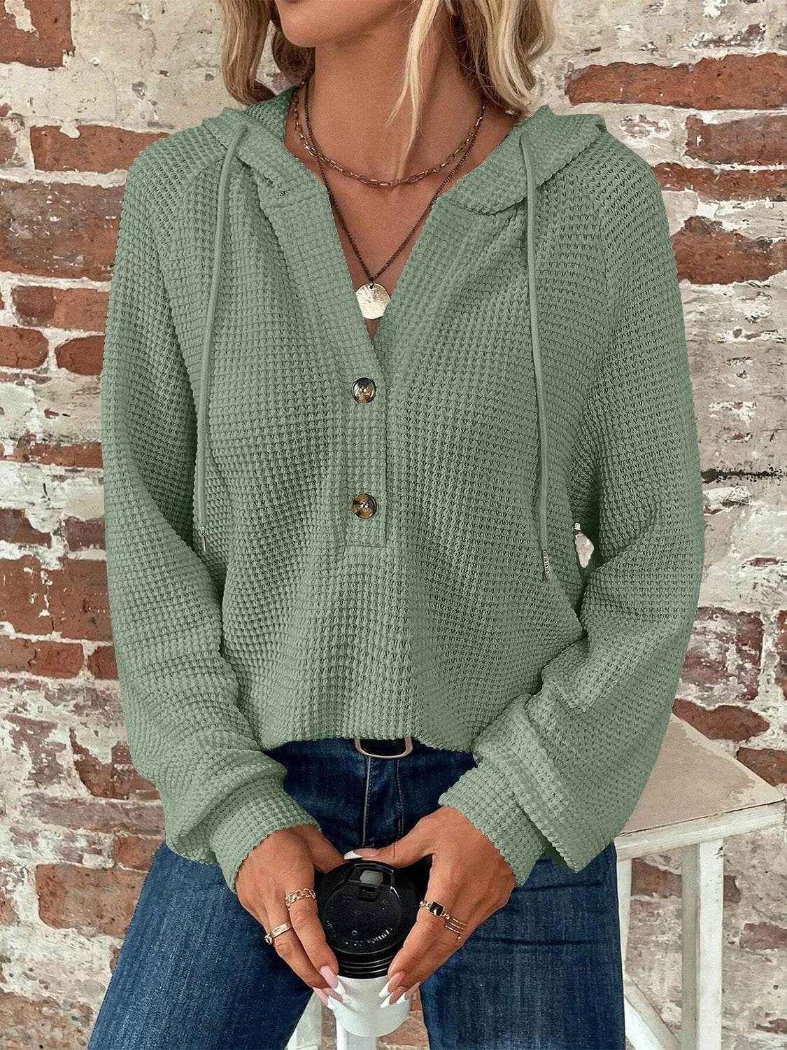 Waffle Knit Long Sleeve Drawstring Hooded Top - Bona Fide Fashion