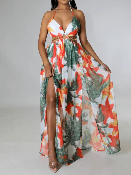 Women's Floral Print Chain Decor Split Thigh Tie Back Cami Dress, Halter Backless Maxi Dress, Beach Vacation Dress H6VE68KF2K - Bona Fide Fashion