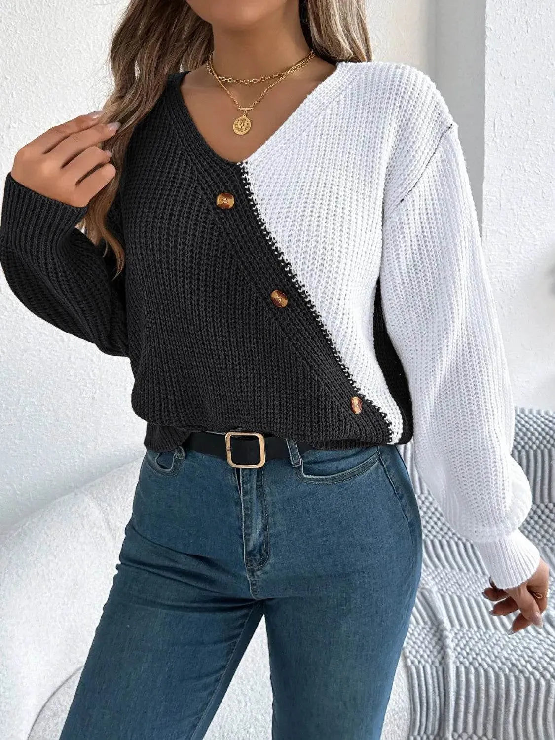 Two-Tone V-Neck Long Sleeve Sweater - Bona Fide Fashion