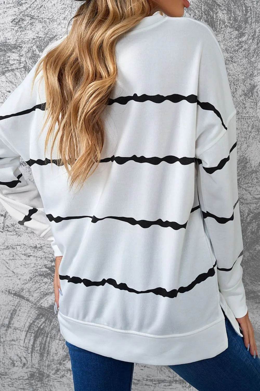 Slit Contrast Striped Round Neck Long Sleeve T-Shirt - Bona Fide Fashion