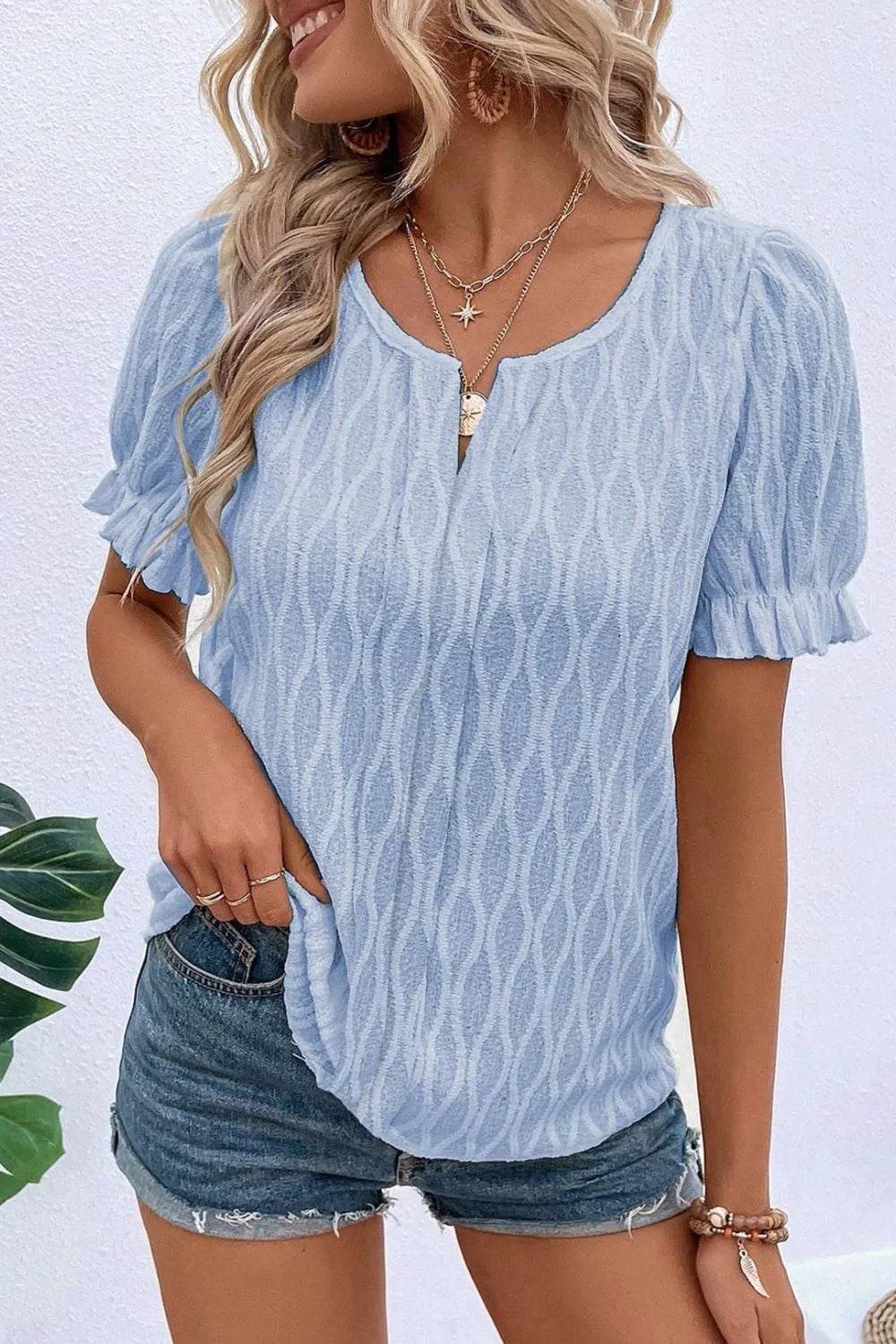 Texture Notched Short Sleeve Blouse - Bona Fide Fashion