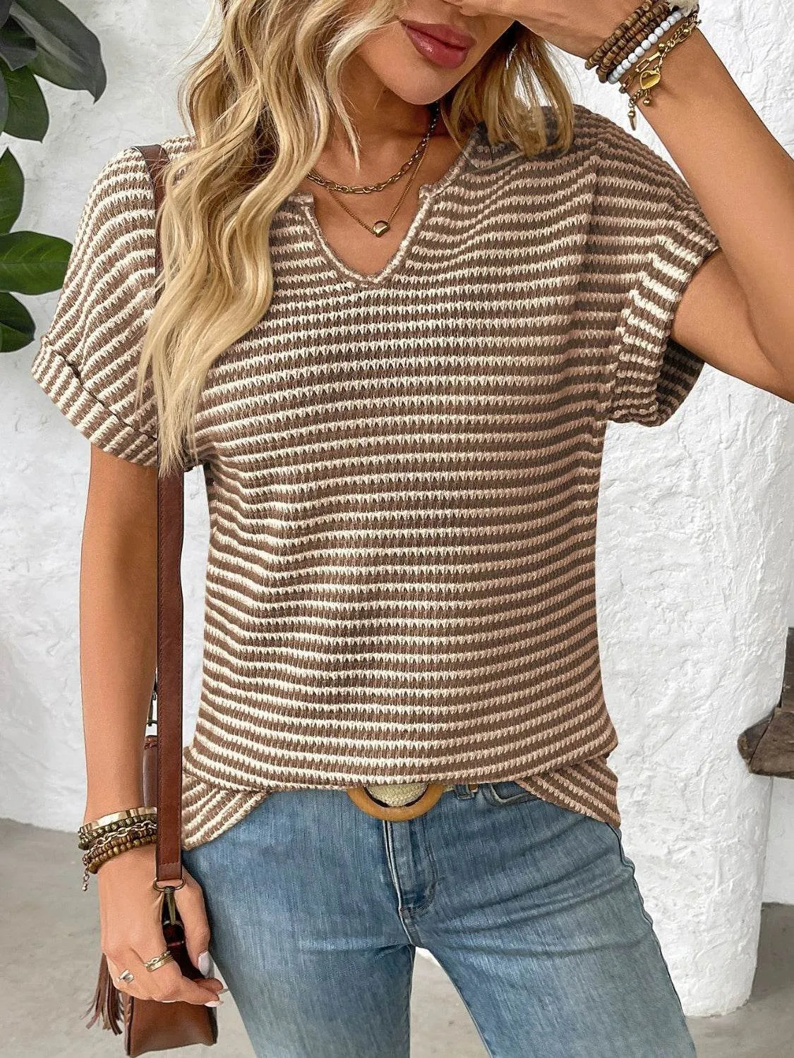 Striped Notched Short Sleeve T-Shirt - Bona Fide Fashion