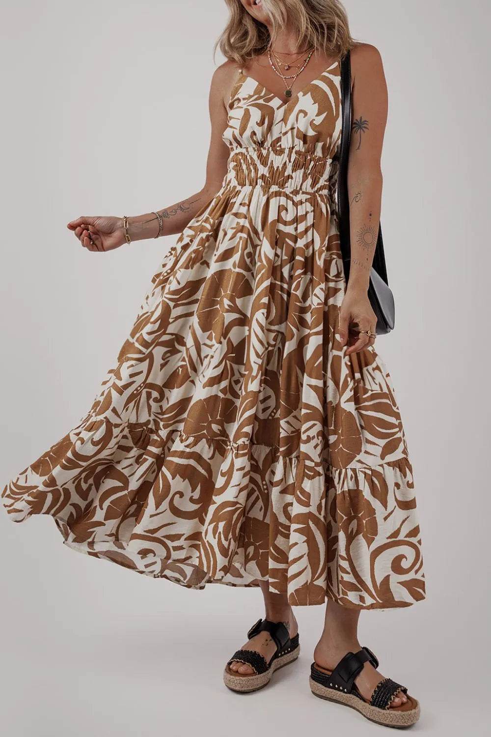 Floral Shirred High Waist Spaghetti Straps Dress - Bona Fide Fashion