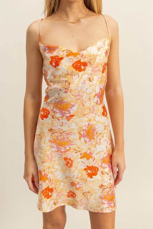 HYFVE Floral Cowl Neck Flirty Satin Mini Dress - Bona Fide Fashion