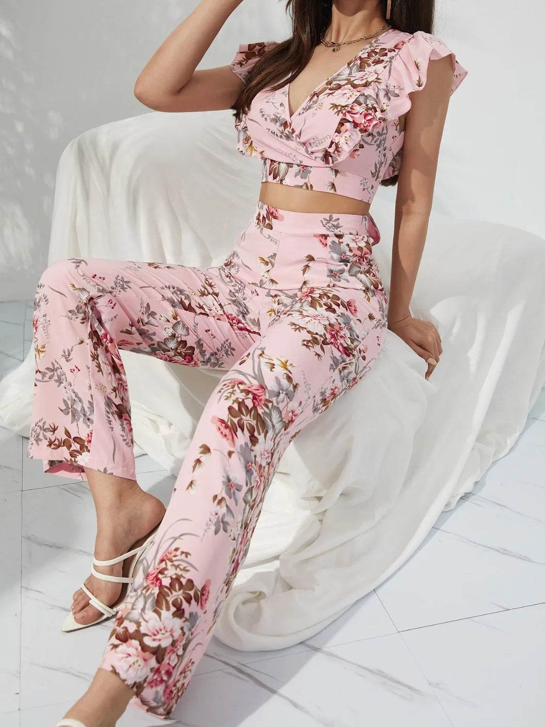 Honey Printed Surplice Cap Sleeve Top and Pants Set - Bona Fide Fashion