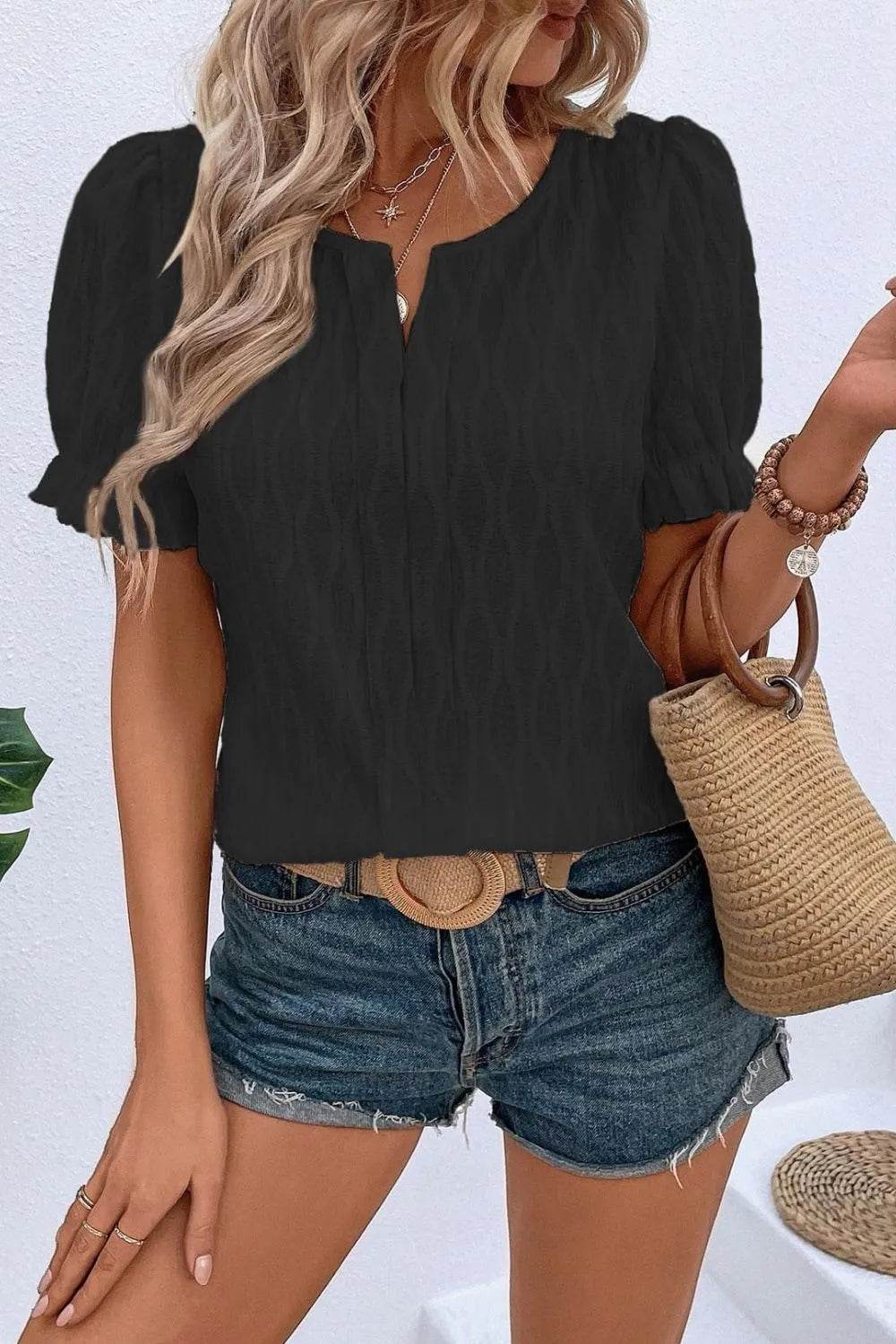 Texture Notched Short Sleeve Blouse - Bona Fide Fashion