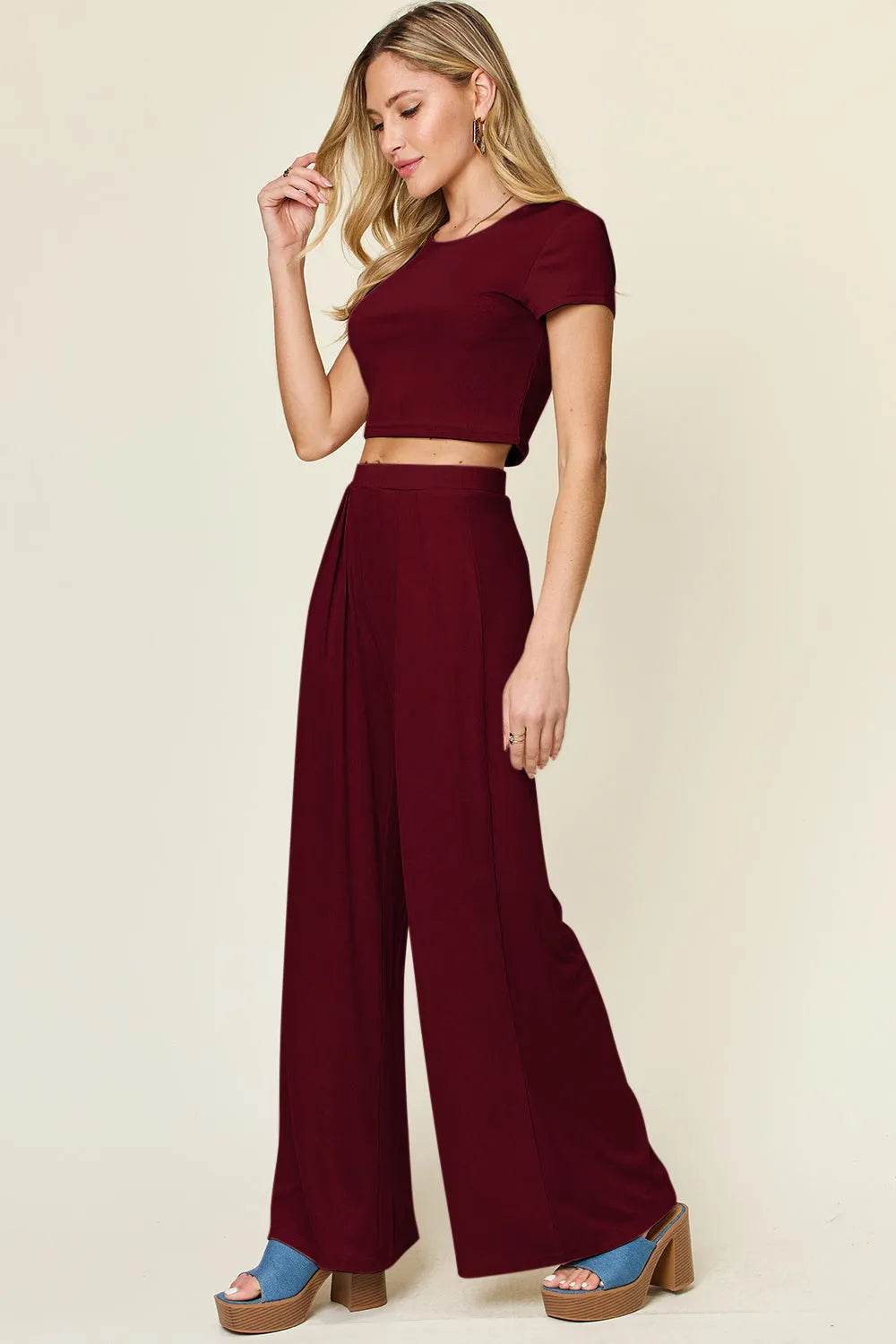 Double Take Full Size Round Neck Top and Pants Set - Bona Fide Fashion