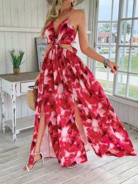Women's Floral Print Chain Decor Split Thigh Tie Back Cami Dress, Halter Backless Maxi Dress, Beach Vacation Dress H6VE68KF2K - Bona Fide Fashion