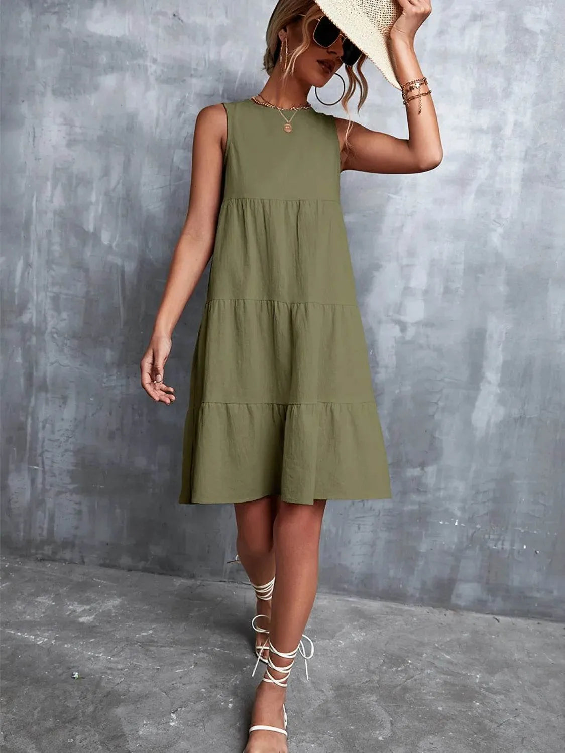 Tiered Round Neck Sleeveless Mini Tank Dress - Bona Fide Fashion