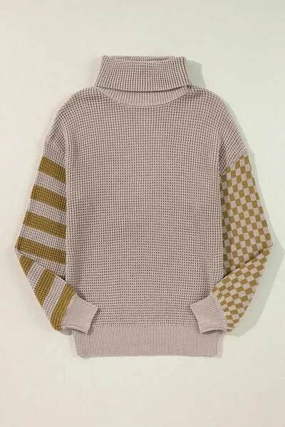 Striped & Checkered Turtleneck Dropped Shoulder Sweater - Bona Fide Fashion