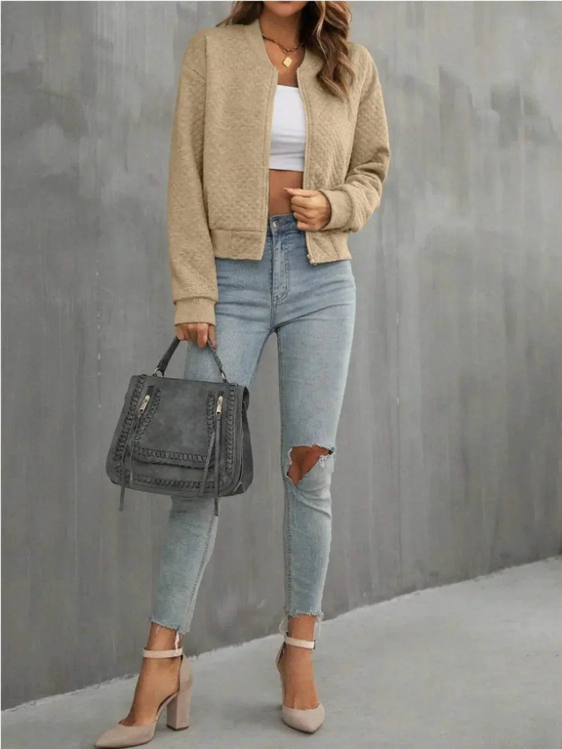 Zip Up Long Sleeve Jacket - Bona Fide Fashion