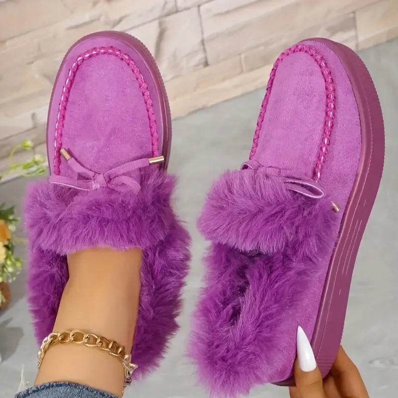 Bow Furry Round Toe Flat Slip-Ons - Bona Fide Fashion