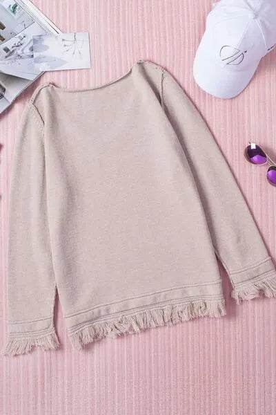 Exposed Seam Fringe Hem V-Neck Long Sleeve Sweater - Bona Fide Fashion