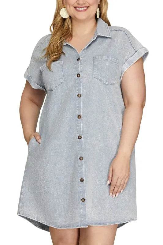 She + Sky Full Size Folded Cuff Button Down Washed Twill Shirt Dress Plus Size - Bona Fide Fashion