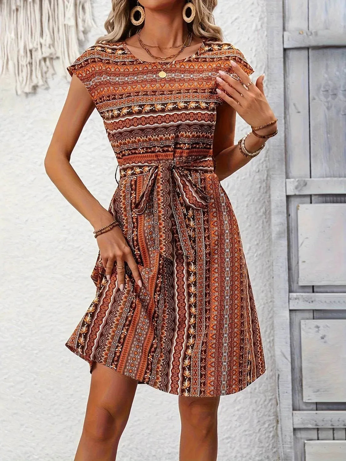 Printed Round Neck Cap Sleeve Dress - Bona Fide Fashion