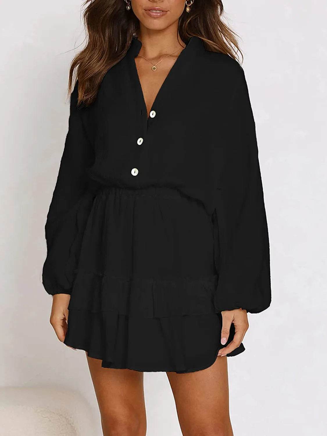 Ruffled Notched Balloon Sleeve Mini Dress - Bona Fide Fashion