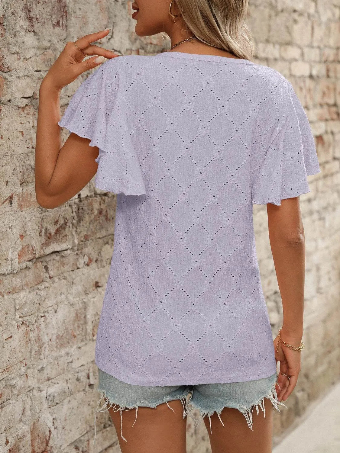 Eyelet Round Neck Flutter Sleeve Top - Bona Fide Fashion
