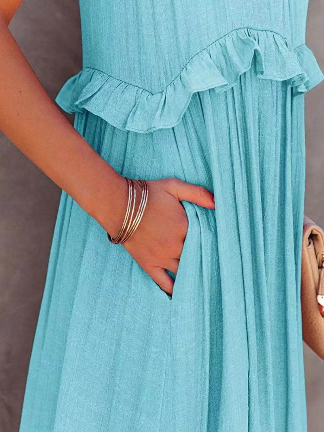 Ruffled Sleeveless Tiered Maxi Dress with Pockets - Bona Fide Fashion