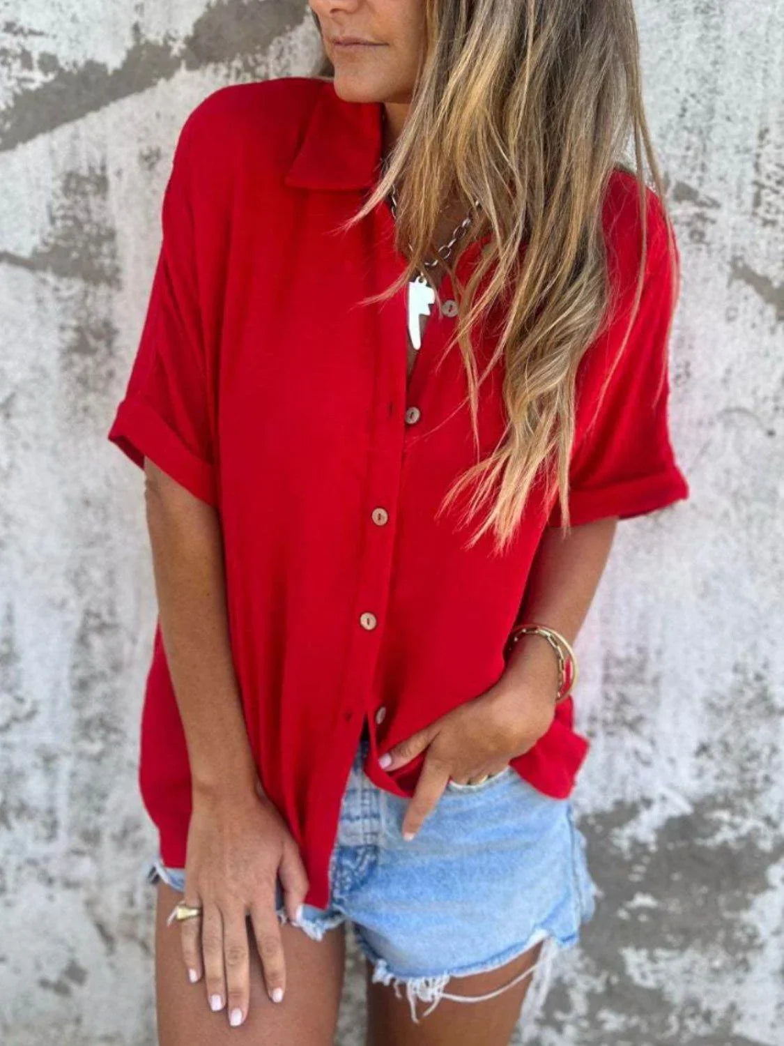 Full Size Collared Neck Half Sleeve Shirt Plus Size - Bona Fide Fashion