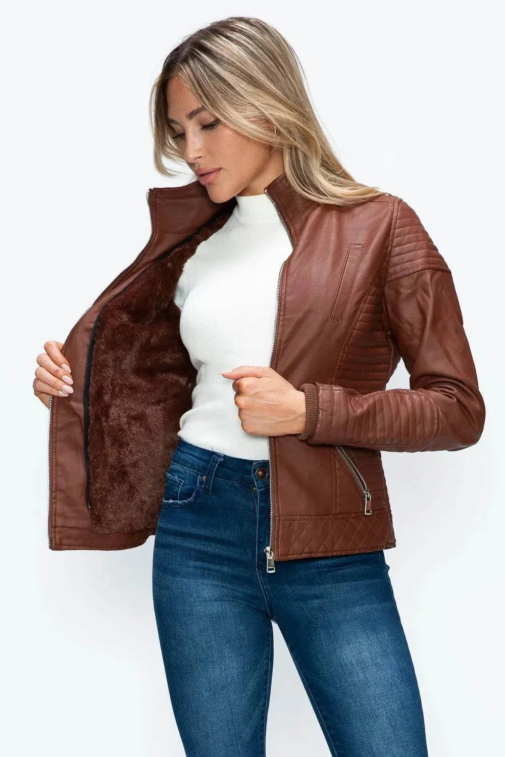 YMI Faux Layered Double-Zipper Jacket with Fuzzy Hood - Bona Fide Fashion